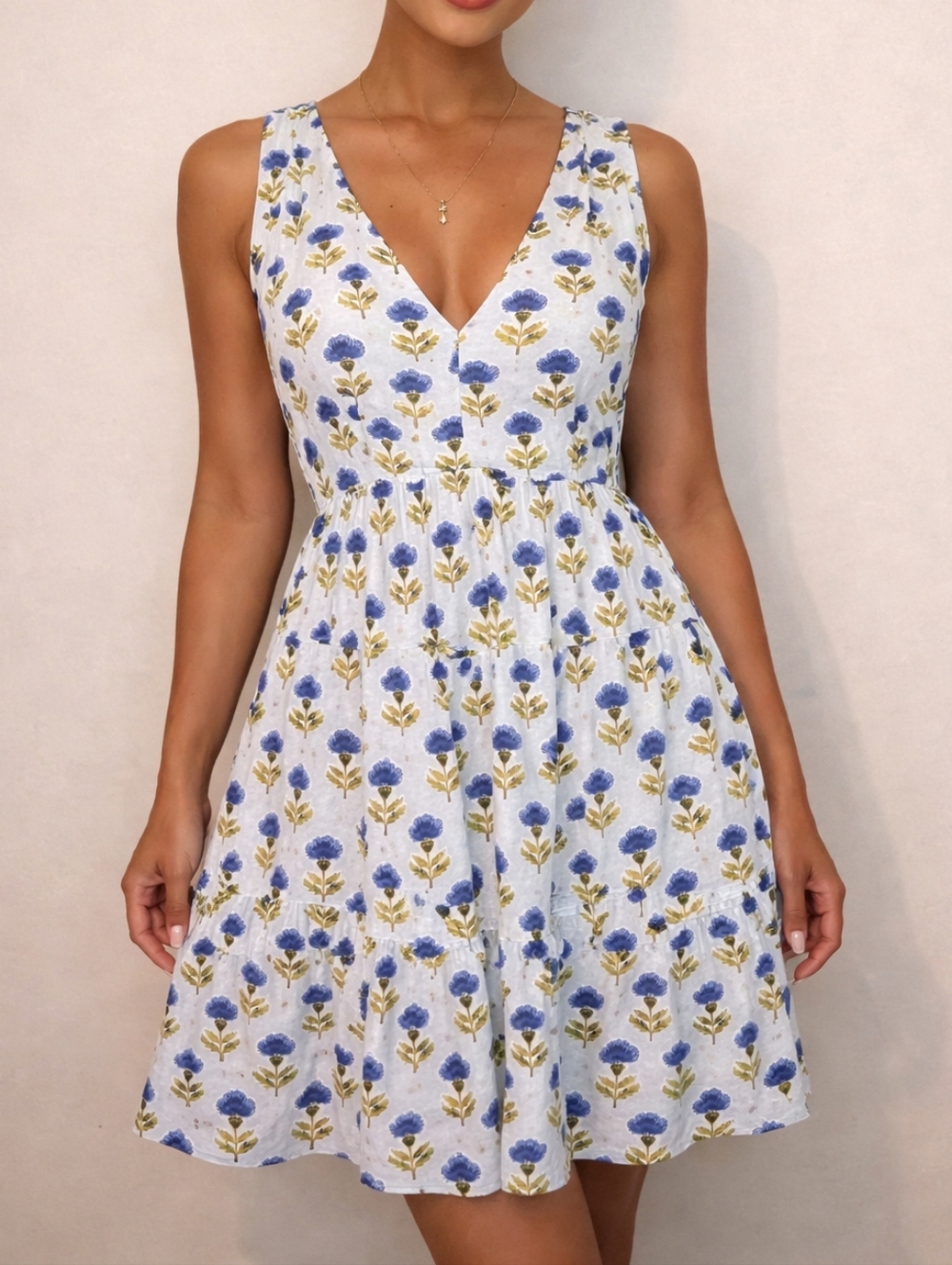 Sincerely Jules Blue Floral Sleeveless Mini Dress Size Large Boho Tiered